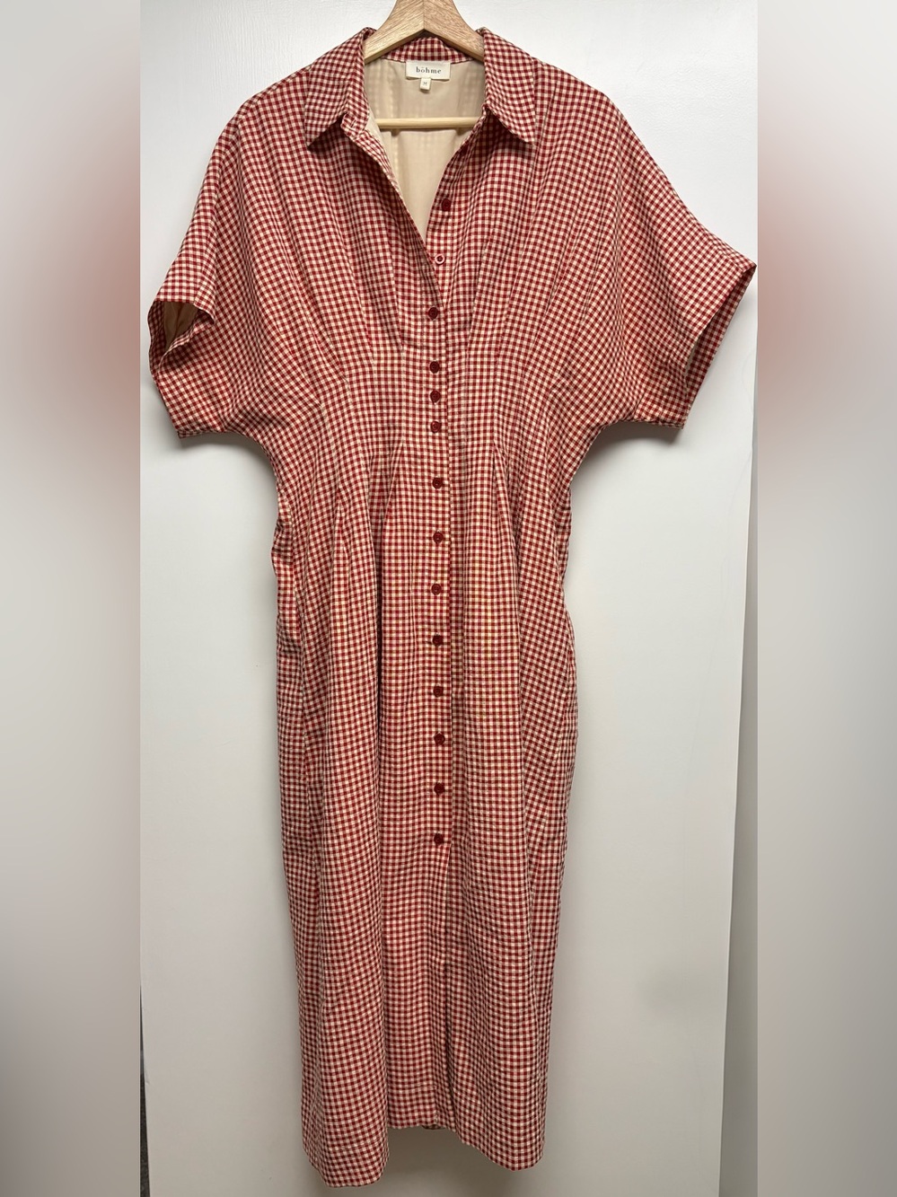 Böhme Collins Red & Cream Gingham Button-Front Maxi Dress M
